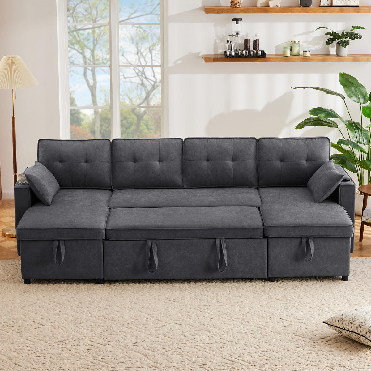 SCHLAFSOFA U-Form mit Getränkehalter und Stauraum - Grau, Textil (270/86/130cm)