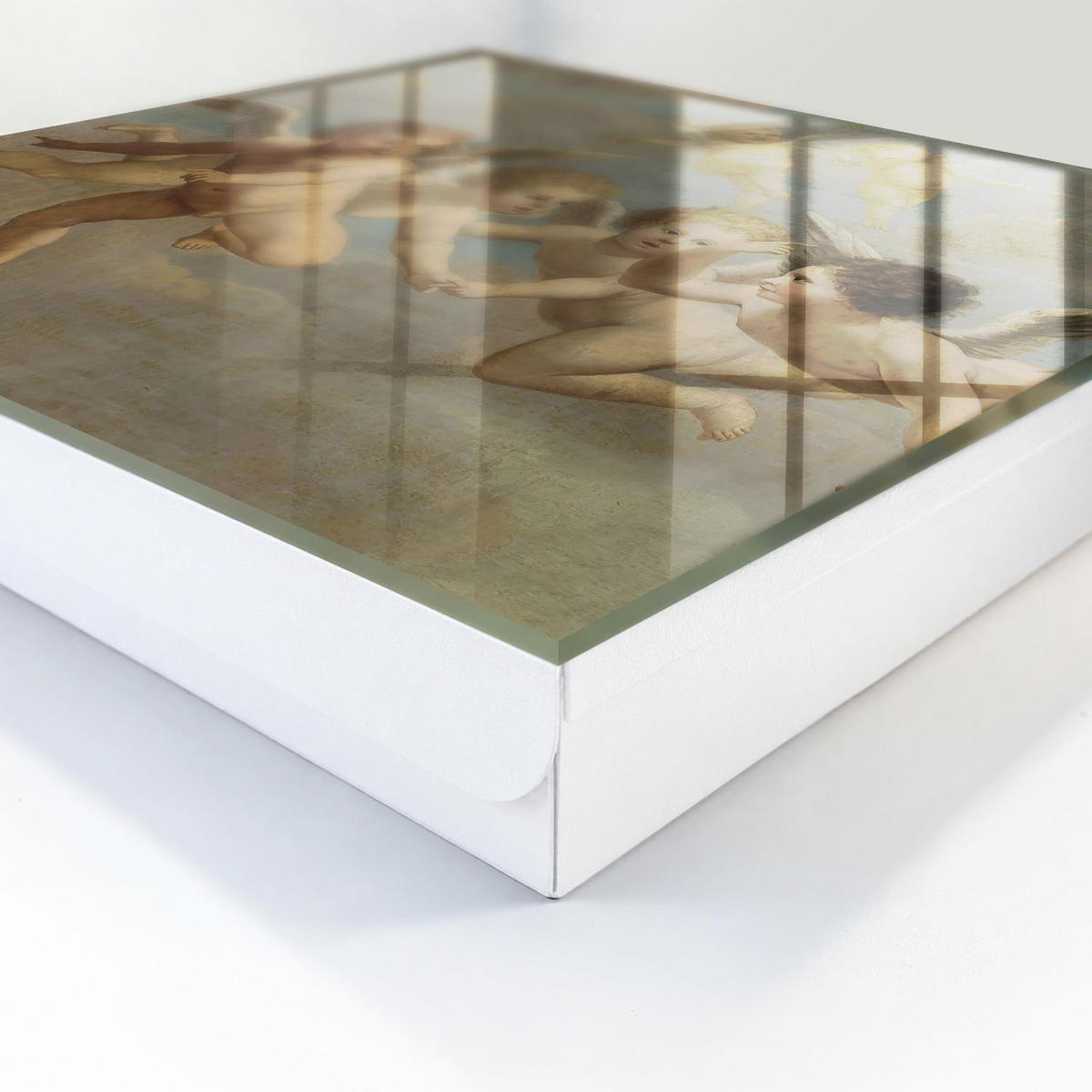 SCHLÜSSELBOX Weiß 30x30 cm – Türöffnung nach rechts - Fliegende Engel Putten Barockgemälde - Beige, Metall (30/30/5cm) - TULUP