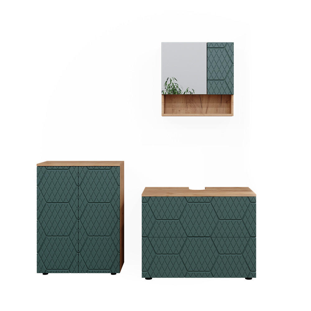 BADMÖBEL-SET Irma Grün 3 Teile, mit Unterschrank 80 cm - Eiche Wotan/Grün, Holzwerkstoff (80/58/41cm) - Vicco