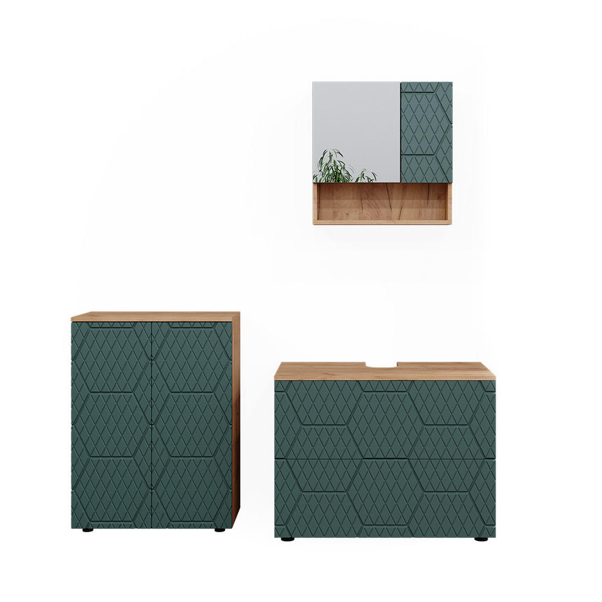 BADMÖBEL-SET Irma Grün 3 Teile, mit Unterschrank 80 cm - Eiche Wotan/Grün, Holzwerkstoff (80/58/41cm) - Vicco
