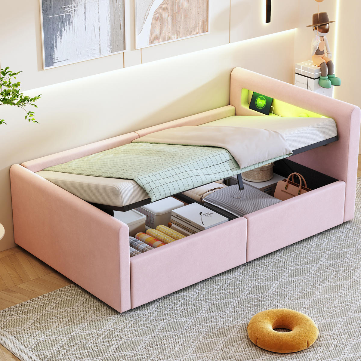 POLSTERBETT Kinderbett 90/200 cm mit LED, Nachtlicht, USB und hydraulischem Stauraum, Samt Rosa - Rosa, Textil (90/200cm) - Redom