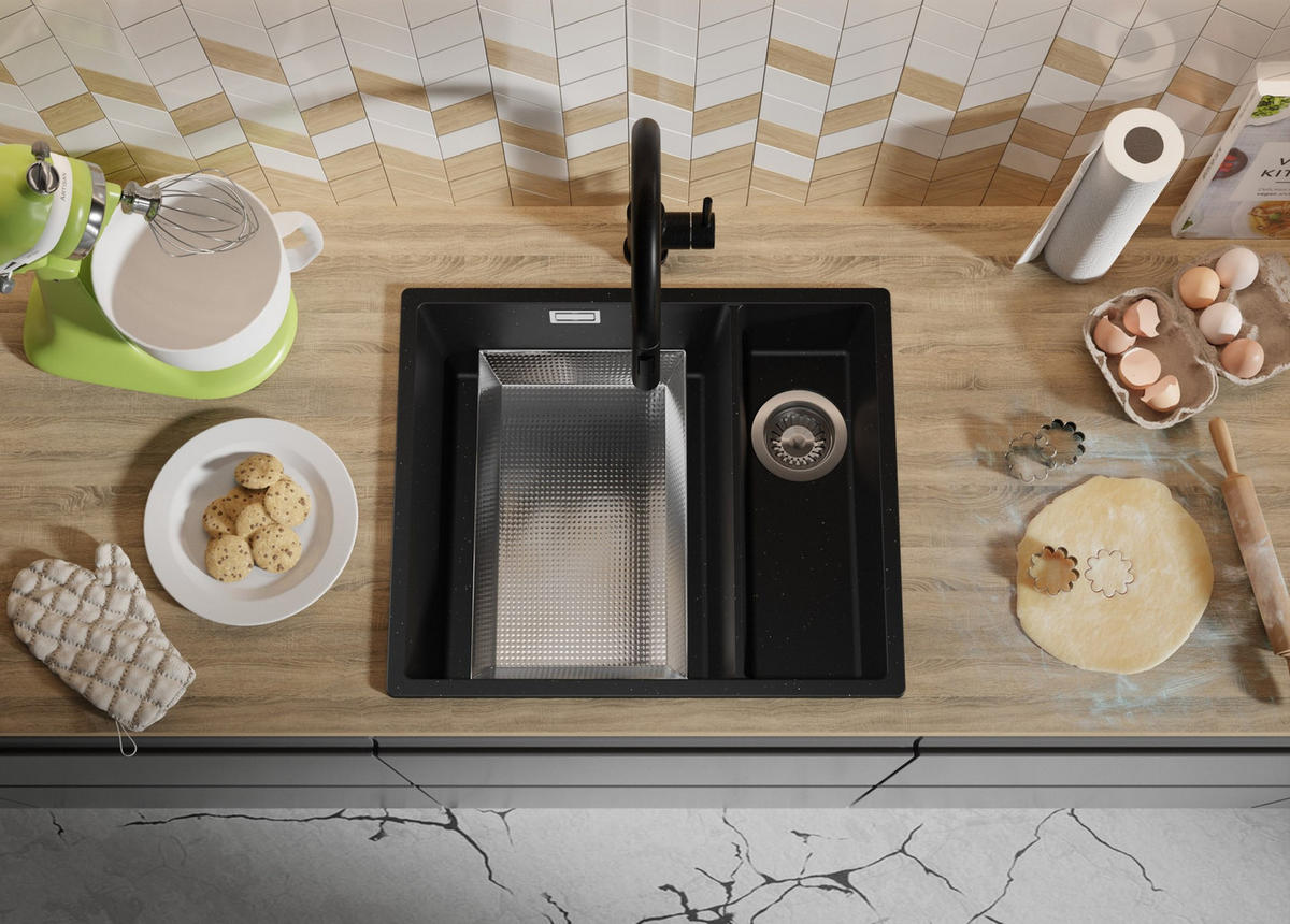 SPÜLBECKEN London Slim Duo, 2-er set Schwarz Metallic 56/47 cm 1,5 Becken + Ablauf-Set ab 60er Unterschrank - Chromfarben/Schwarz Hochglanz, Kunststoff (56/20/47cm) - Primagran