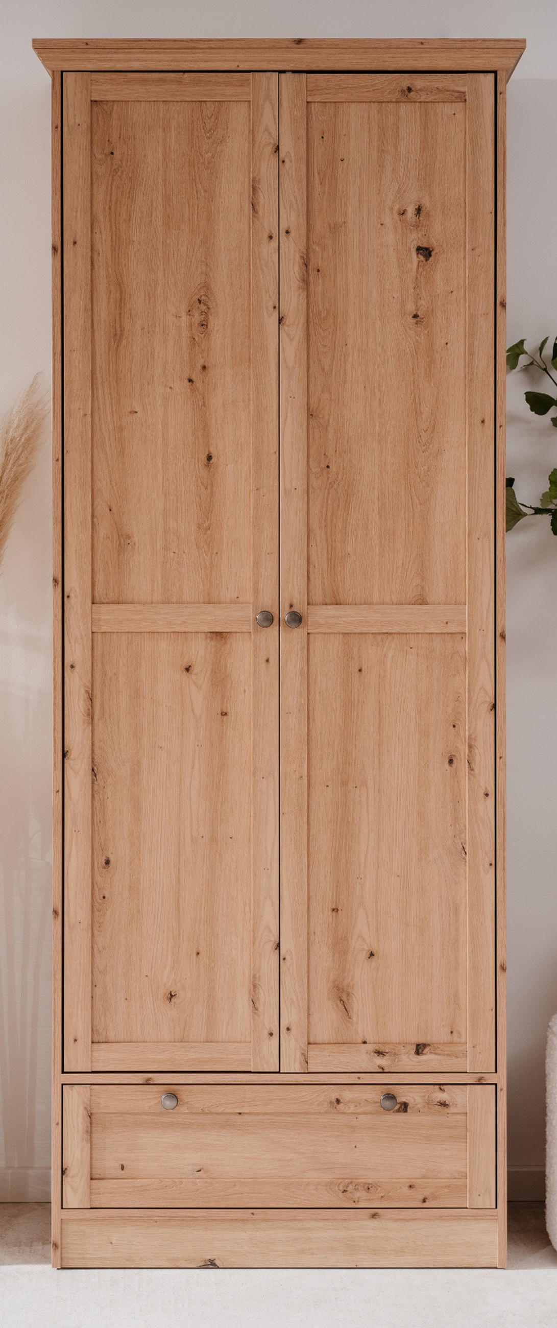 MEHRZWECKSCHRANK Eiche Artisan 80 cm Landhaus, Schrank mit viel Stauraum - Eichefarben/Silberfarben, Holzwerkstoff/Metall (80/200/39cm) - Furn.Design