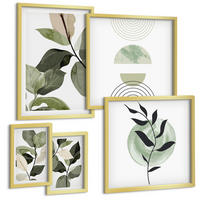 BILDER SET 5er Set - 50x50 cm & 20x30 cm & 40x60 cm Goldrahmen - Abstrakte Darstellung gemalter Blätter - Goldfarben, Kunststoff (40/60cm) - TULUP