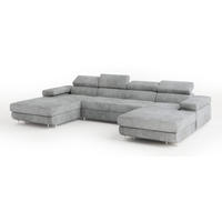 WOHNLANDSCHAFT LYKKE Hellgrau Velours-Stoff mit Schlaffunktion - Hellgrau, Holz (353/90/202cm) - MASSENO