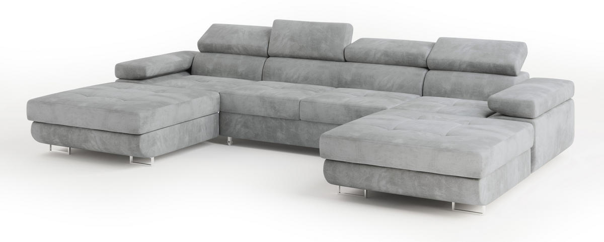 WOHNLANDSCHAFT LYKKE Hellgrau Velours-Stoff mit Schlaffunktion - Hellgrau, Holz (353/90/202cm) - MASSENO