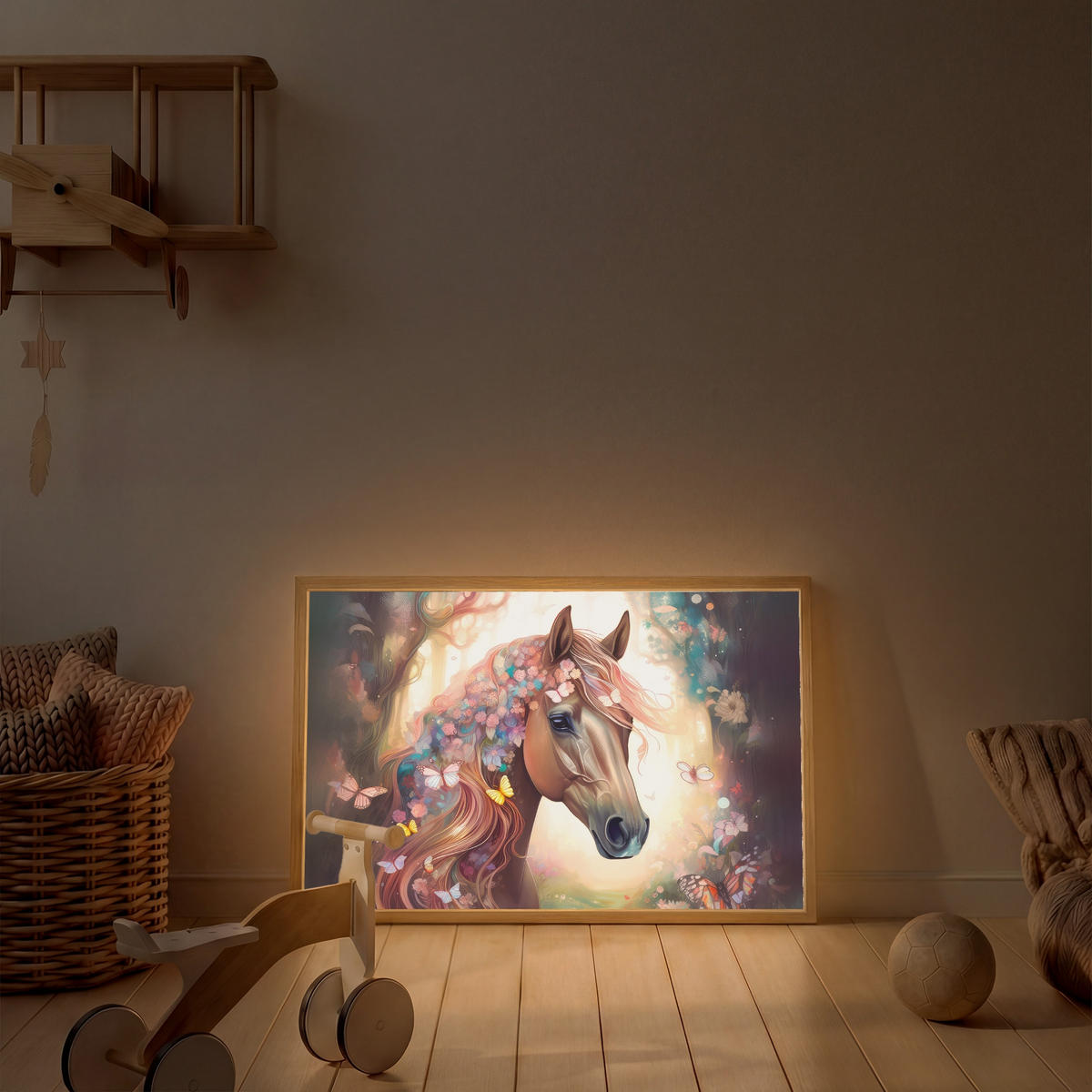 NÁSTĚNNÁ LAMPA S AKUMULÁTOREM Kůň - Příroda - Květiny - Motýli - Les 90x60 cm - tmavě hnědá, kompozitní dřevo (90/60/8cm) - OnlyWow