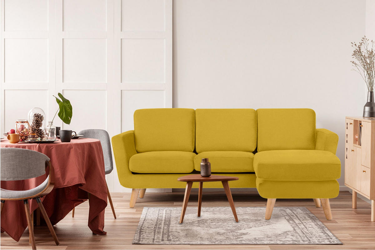 ECKSOFA-RECHTS TAGIO 3/4 Sitzer, Gelb - Gelb/Braun, Buchenholz/Textil (190/151cm) - KONSIMO®