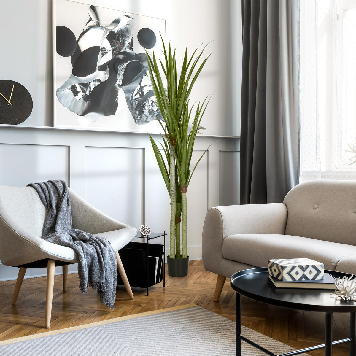 KUNSTPFLANZE Yucca 17/17/190 cm - Smaragdgrün/Schwarz, Holz/Kunststoff (190cm) - HOMCOM