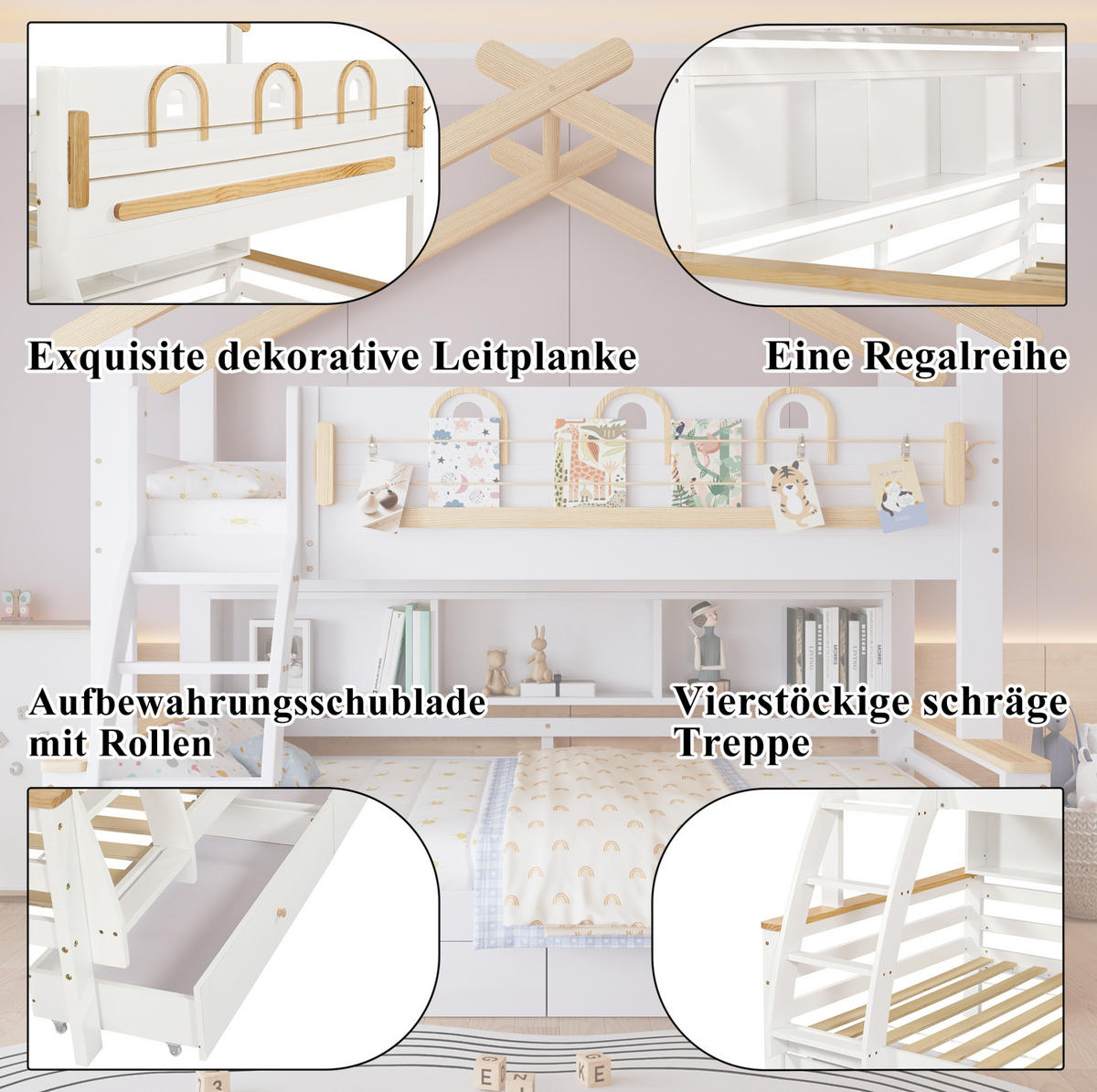 ETAGENBETT Kinderetagenbett 90/200 cm & 120/200 cm Weiß Natur mit Schubladen ohne Matratze - Weiß, Holz (90/200cm) - MIVRAY