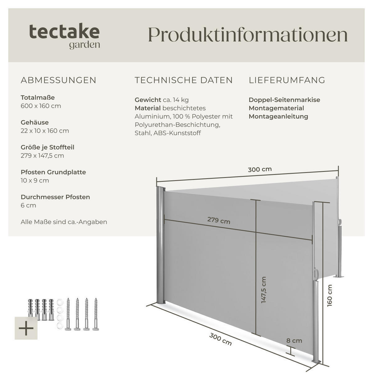 SEITENMARKISE doppelt, 160 x 600 cm,grau - Grau, Textil (160/10cm) - tectake