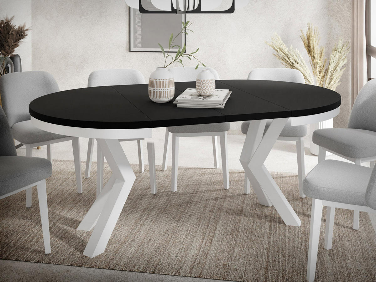 ESSTISCH Clara Weiß runder ausziehbarer, Schwarz 120-200/120/76 cm - Schwarz/Weiß, Holzwerkstoff/Metall (120/196/76cm) - WFL GROUP