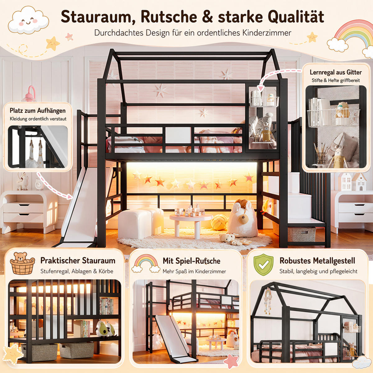 HOCHBETT 140/200cm mit Rutsche, LED/Treppe, Metall, Schwarz - Schwarz, Metall (140/200cm) - LVHOM