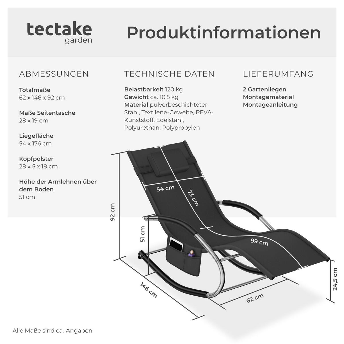 GARTENLIEGE Taya, abnehmbares Kopfpolster, seitliche Aufbewahrungstasche, schwarz - Schwarz, Kunststoff (62/92/142cm) - tectake