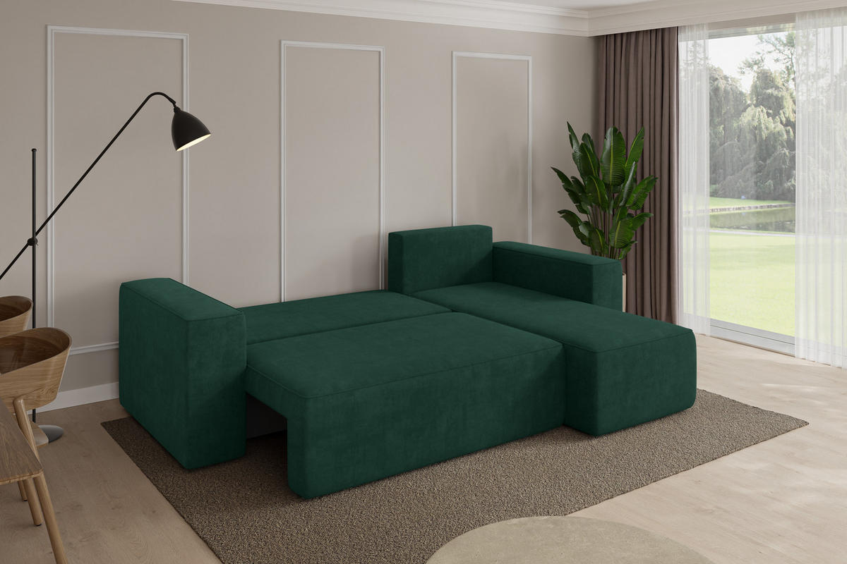 ROHOVÁ SEDAČKA s funkcí spaní, otoman vpravo SENO-L 249x139x85 zelená velur - černá/zelená barva, kompozitní dřevo/textil (249/139cm) - ALTDECOR