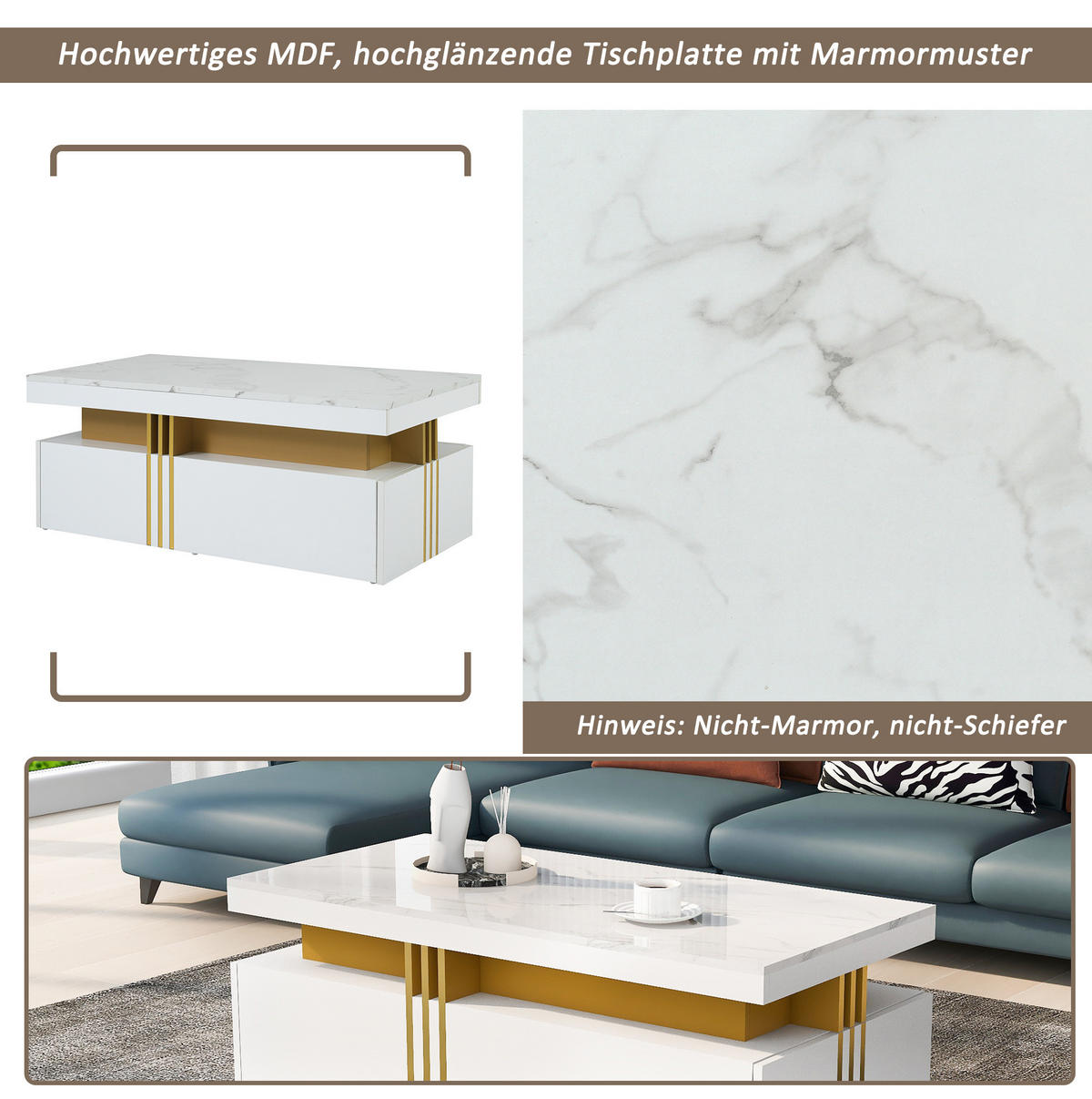 COUCHTISCH 100/50/40 cm in Weiß mit 2 Schubladen und Hochglanz-Tischplatte - Weiß, Holzwerkstoff (100/50/40cm) - Flora Grace