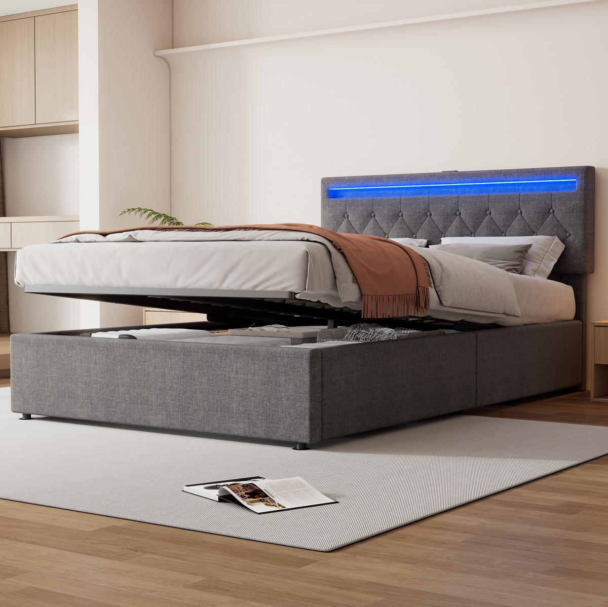 POLSTERBETT 140/200 cm Grau mit hydraulischer Hebevorrichtung und LED-Beleuchtung - Grau, Textil (140/200cm) - OKWISH