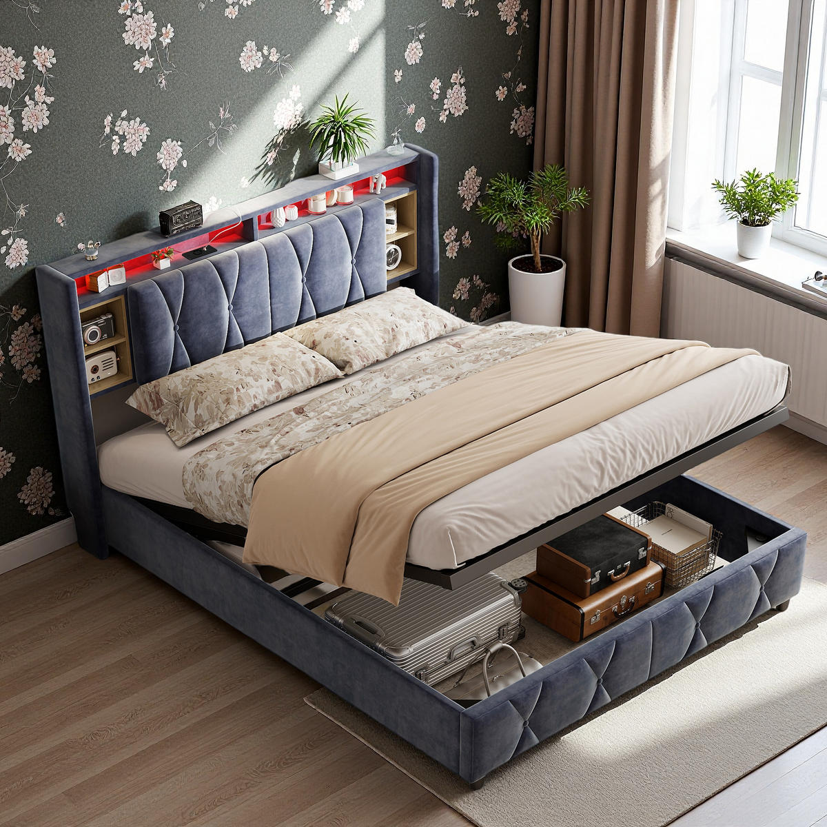 POLSTERBETT 160x200 cm Grau mit LED USB Stauraum - Grau, Metall (160/200cm) - SHOPENTRA