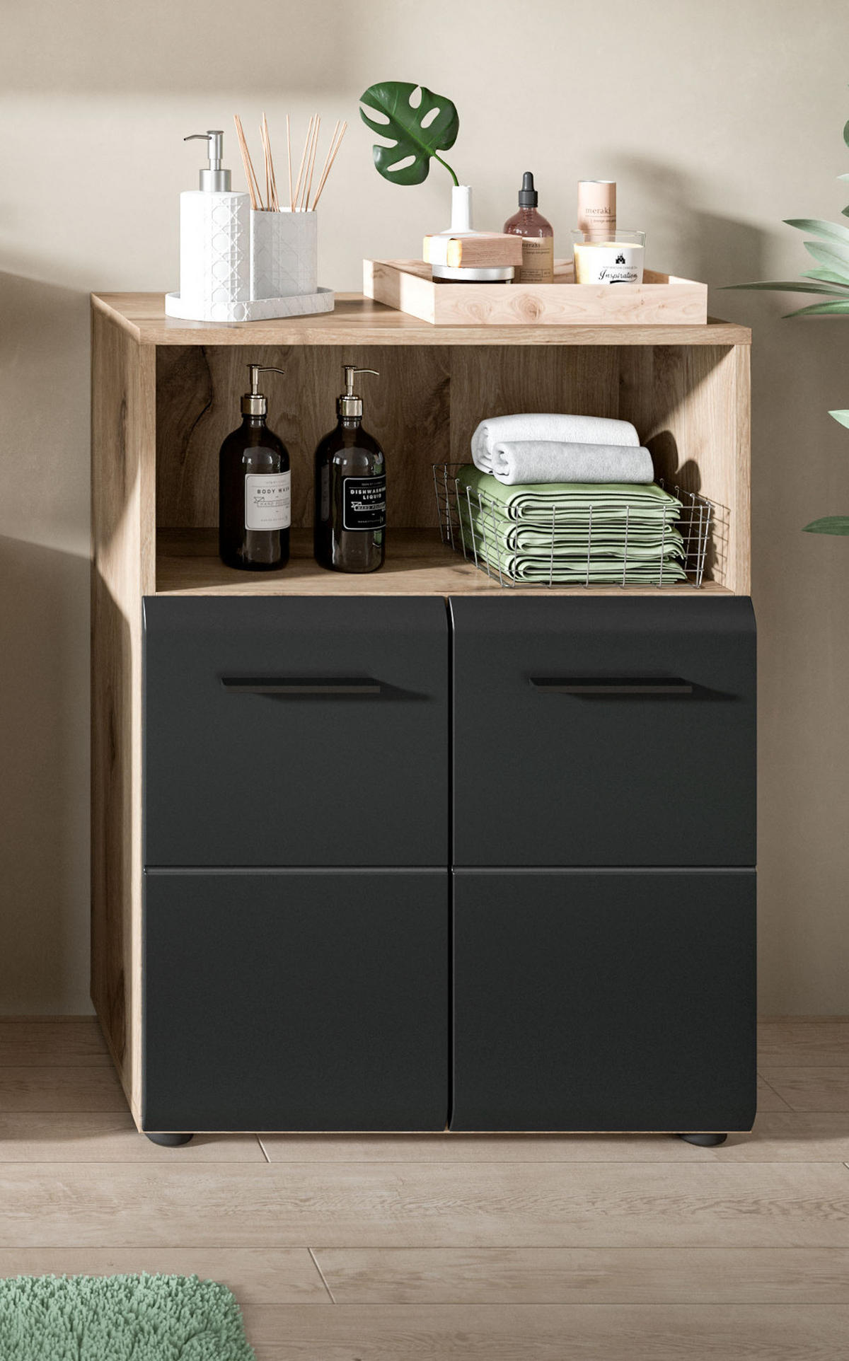 MIDISCHRANK schwarz matt, Eiche 2-türig, Badkommode 60 cm - Eichefarben/Schwarz, Holzwerkstoff/Kunststoff (60/80/30cm) - Inn.Furn