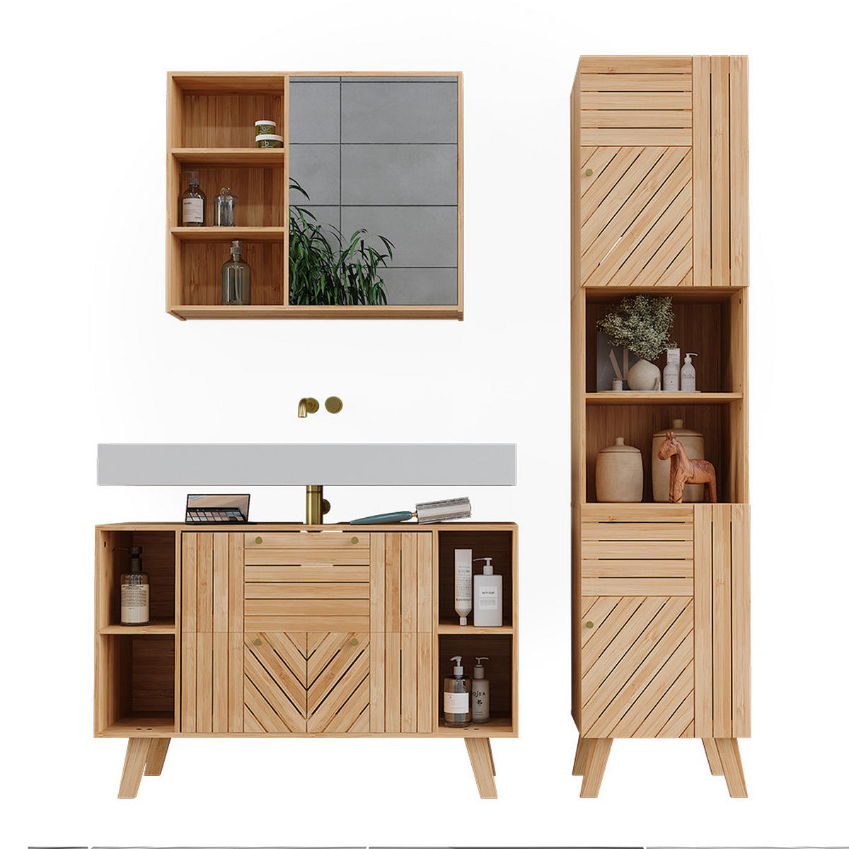 BADMÖBEL-SET Lucie Bambus 3 Teile - Grün, Holzwerkstoff (100/65/36cm) - Vicco