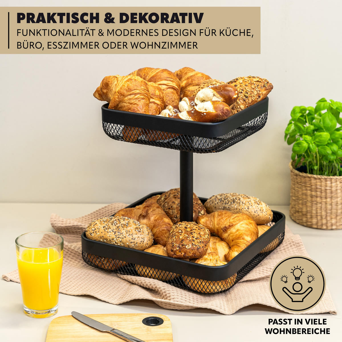 OBSTETAGERE 2-STÖCKIG eckig Metall schwarz - Schwarz, Metall (30/31cm) - eluno