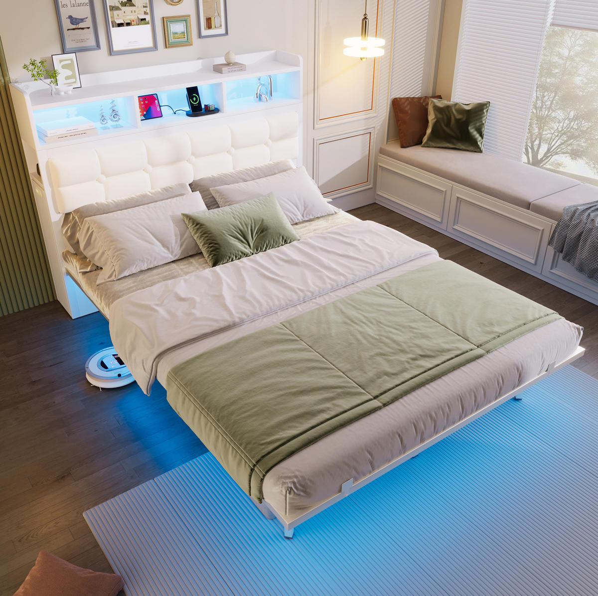 POLSTERBETT 140/190 cm mit LED, USB-/USB-C-Ladestation und 2 ausziehbaren Nachttischen, Weiß - Weiß, Metall (140/190cm) - Redom