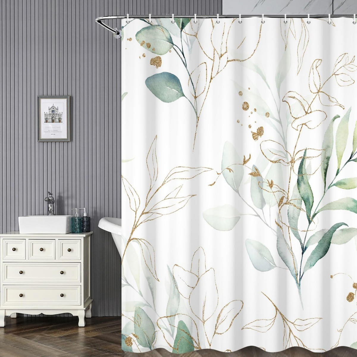 DUSCHVORHANG Grün Eukalyptus 180 x 180 cm Dekoration modern mit Haken Badezimmer - Grün, Textil (180/180cm) - MCBOSON