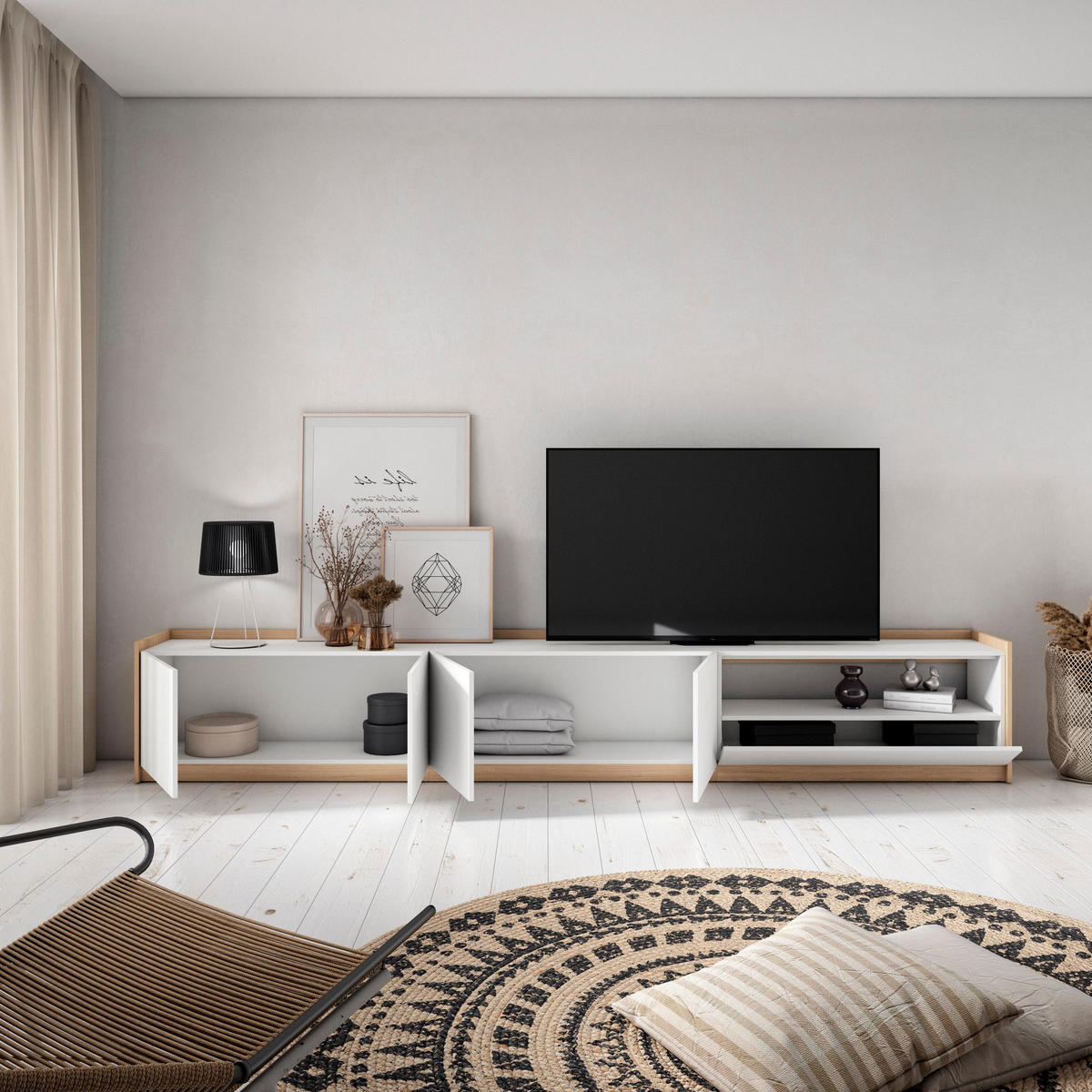 TV-SCHRANK, Lowboard, Weiß und Eiche Soft, 310/37/50cm - Weiß, Holzwerkstoff (310/50/37cm) - Skraut Home