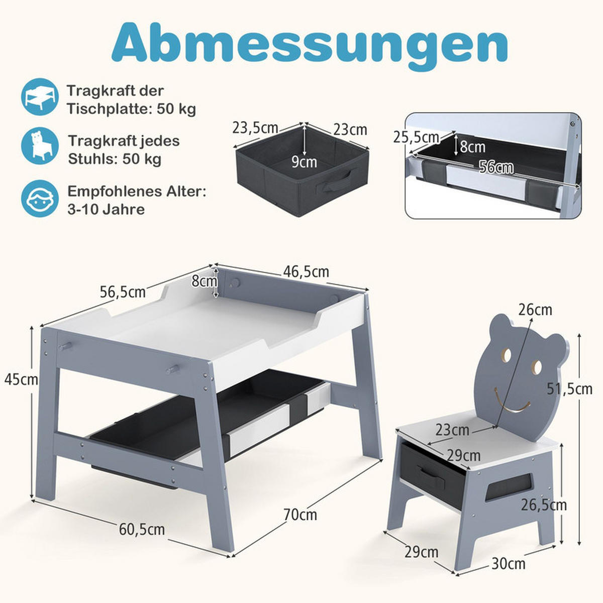 KINDERTISCH mit stuhl grau(3-tlg) - Grau, Holzwerkstoff (70/45/60.5cm) - COSTWAY