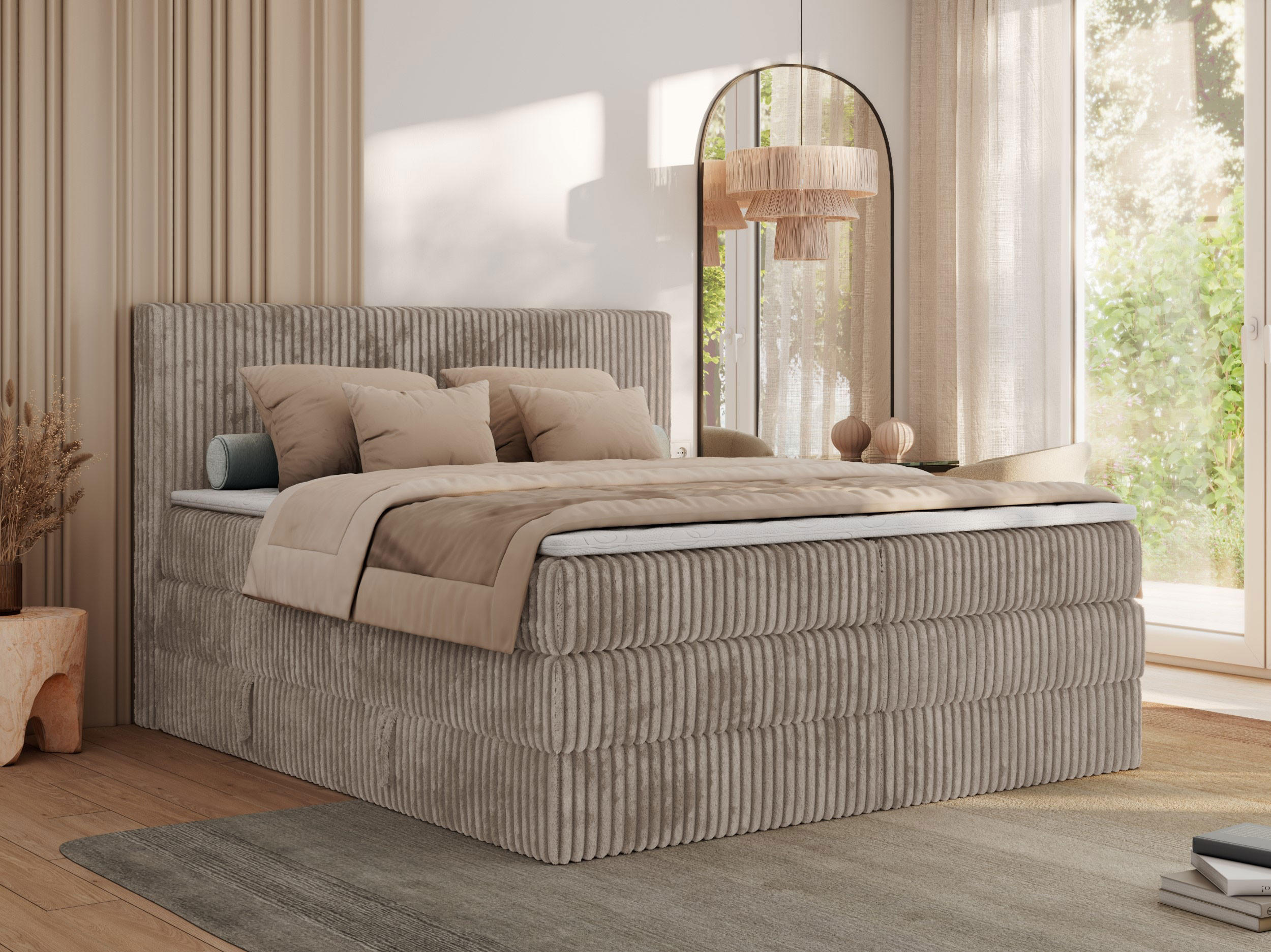 BOXSPRINGBETT TILIANO KING - 200/200 - Hellbraun Cord - H3 - Hellbraun, Holz/Textil (200/200cm) - MKS