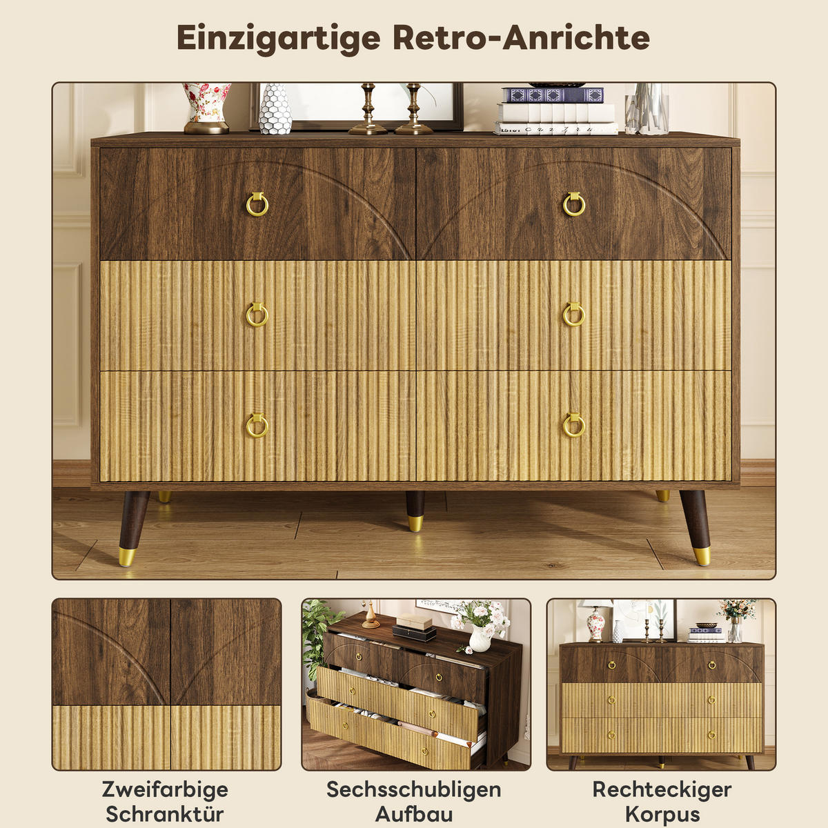 SIDEBOARD 120cm in Dunkelbraun & Natur mit 6 Schubladen - Eichefarben, Holzwerkstoff (120/81/40cm) - Urban Meuble