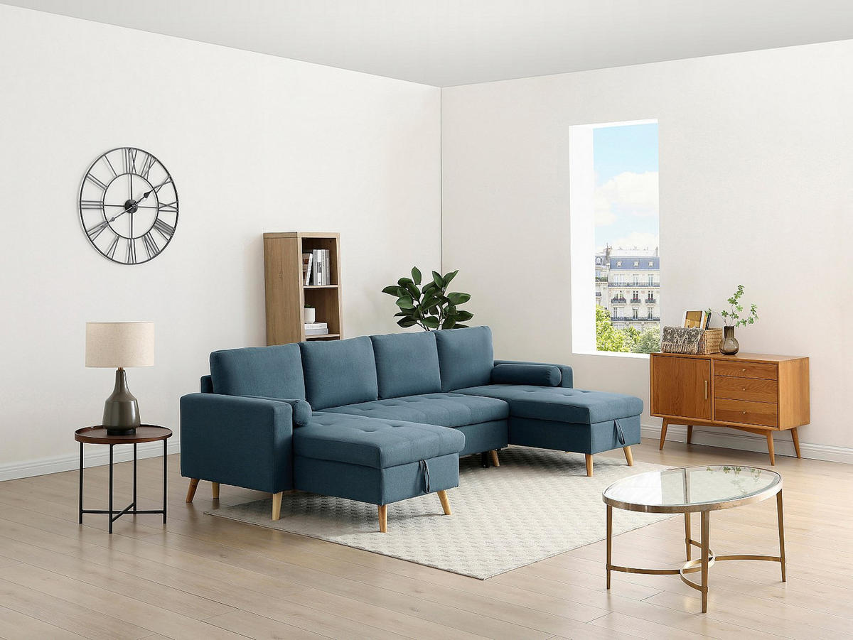 PANORAMA-ECKSOFA mit Schlaffunktion – Stoff – Türkisblau – KORI - Blau, Textil (146/288cm) - Vente-Unique