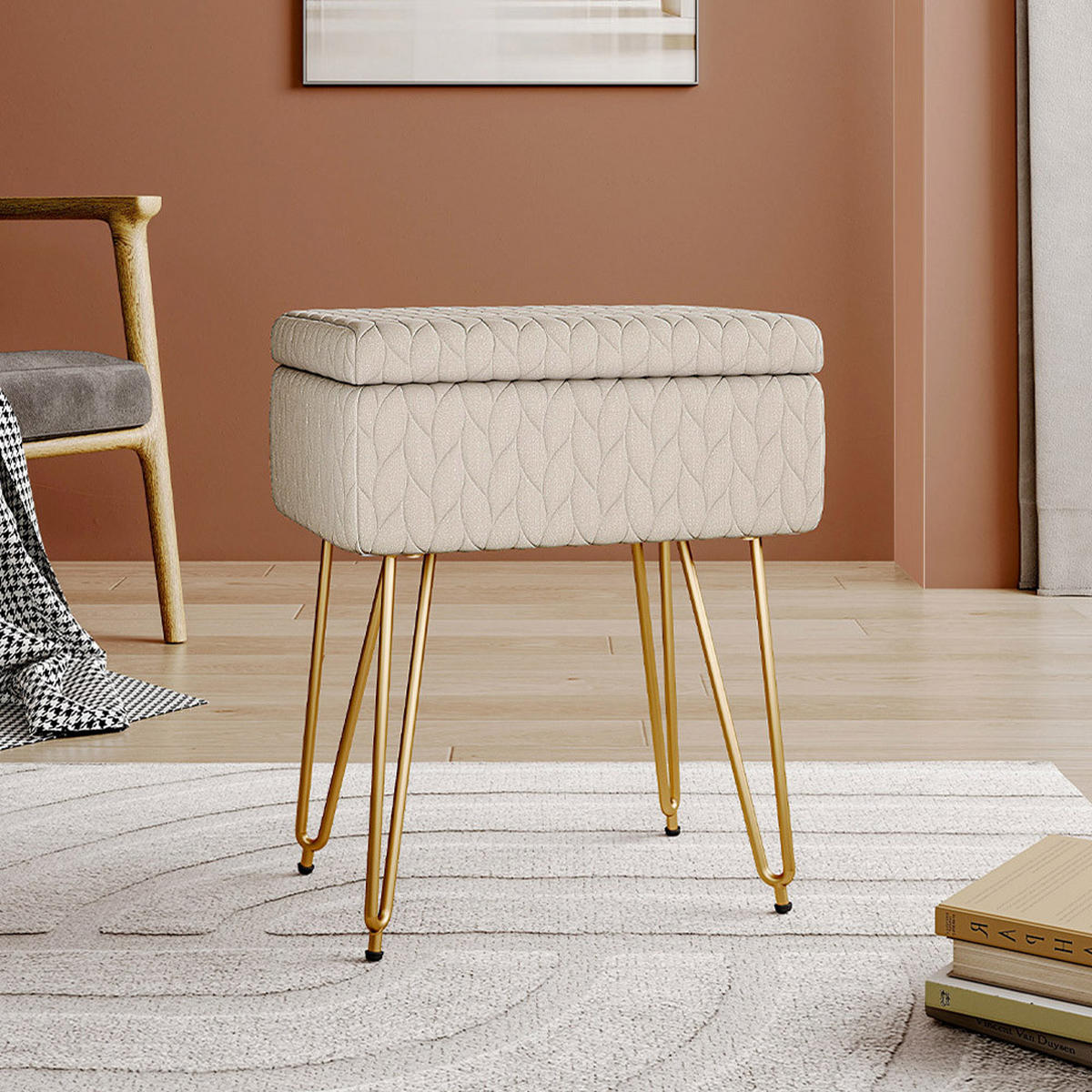 SCHMINKTISCHHOCKER 40/30/48 cm Stauraum Metallbeine Plüschstoff Beige - Beige/Goldfarben, Holz/Textil (40/48/30cm) - Livingandhome