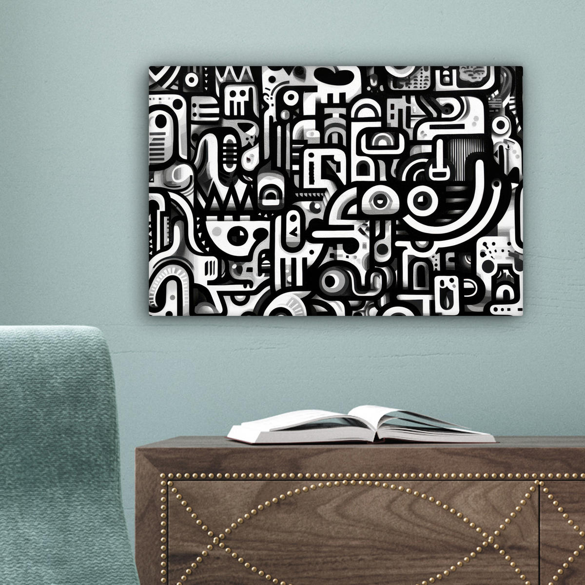 LEINWANDBILD Symbole - Abstrakt - Grafik - Schwarz Deko Schlafzimmer 30x20 cm - Schwarz, Textil (30/20cm) - MuchoWow