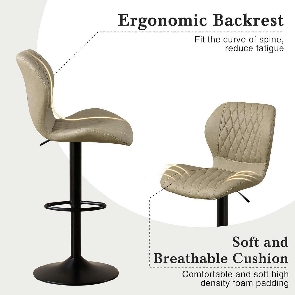 BARHOCKER mit Lehne, höhenverstellbar, PU-Kunstleder, Khaki - Beige, Kunststoff (46.5/111/38cm)