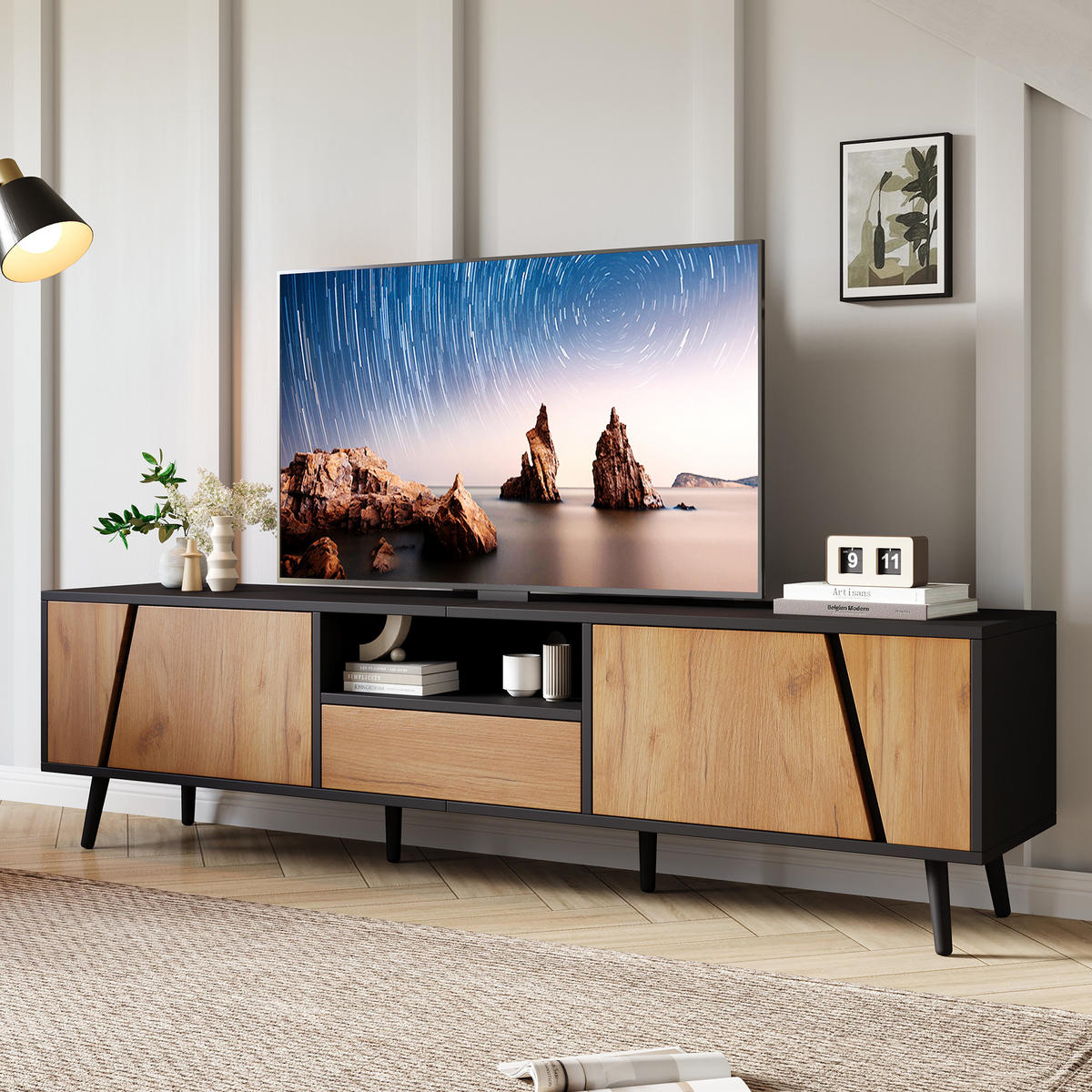 TV-RACK 180x40x46cm Holz-Schwarz Push-to-Open für 75-Zoll-Fernseher - Schwarz, Holz (50.8/12.07/64.77cm) - Raelunyi