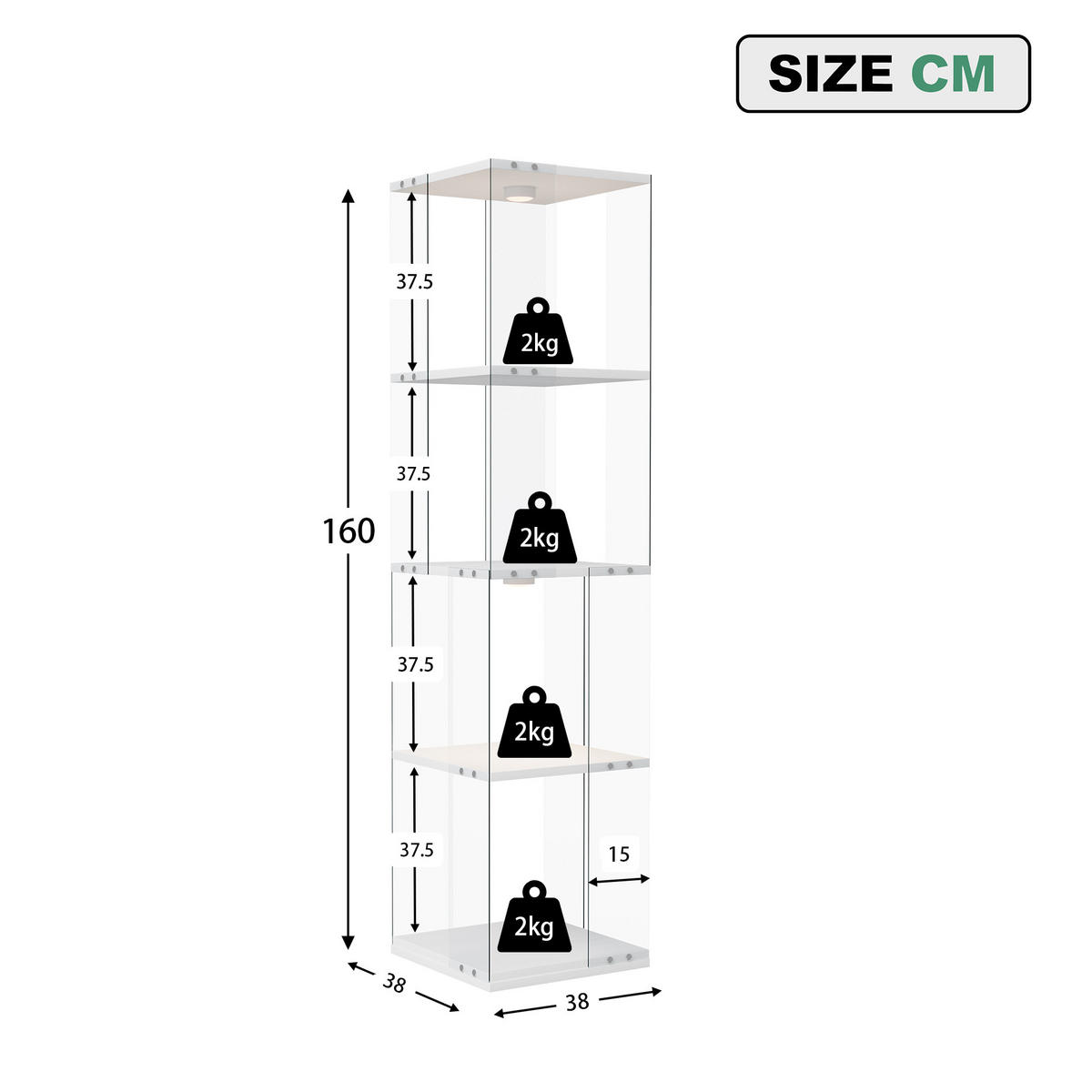 DREHVITRINE 360° mit RGB LED, 4 Ebenen, Glasvitrine weiß für Deko - Weiß, Glas (38/160/38cm) - SHOPENTRA