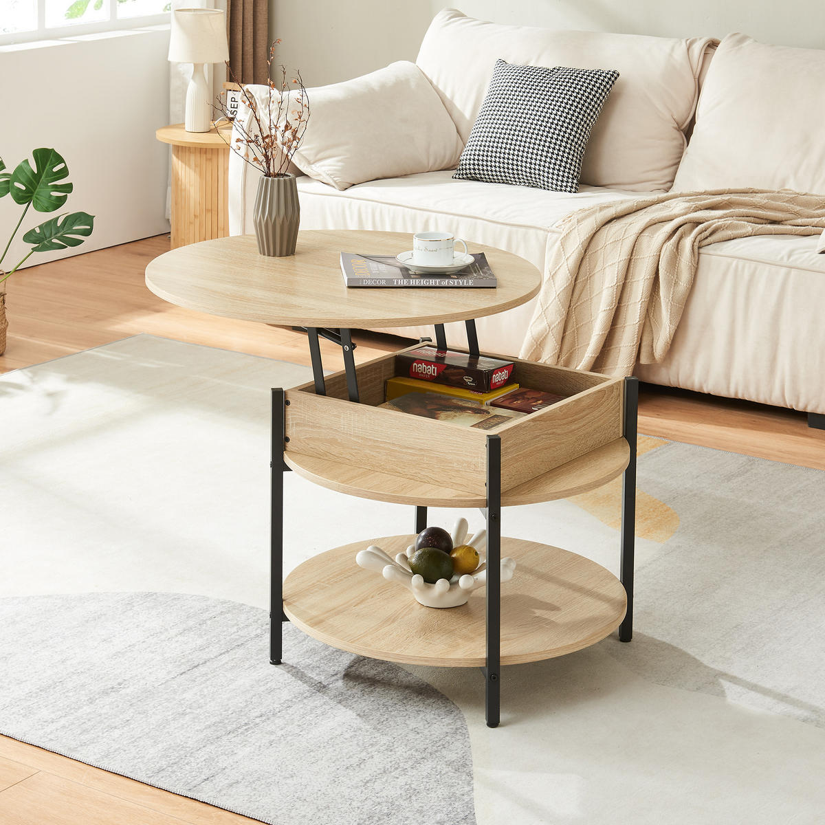 COUCHTISCH Kandas 70/49 cm - Eichefarben/Schwarz, Holzwerkstoff/Metall (70/70/49cm) - [en.casa]
