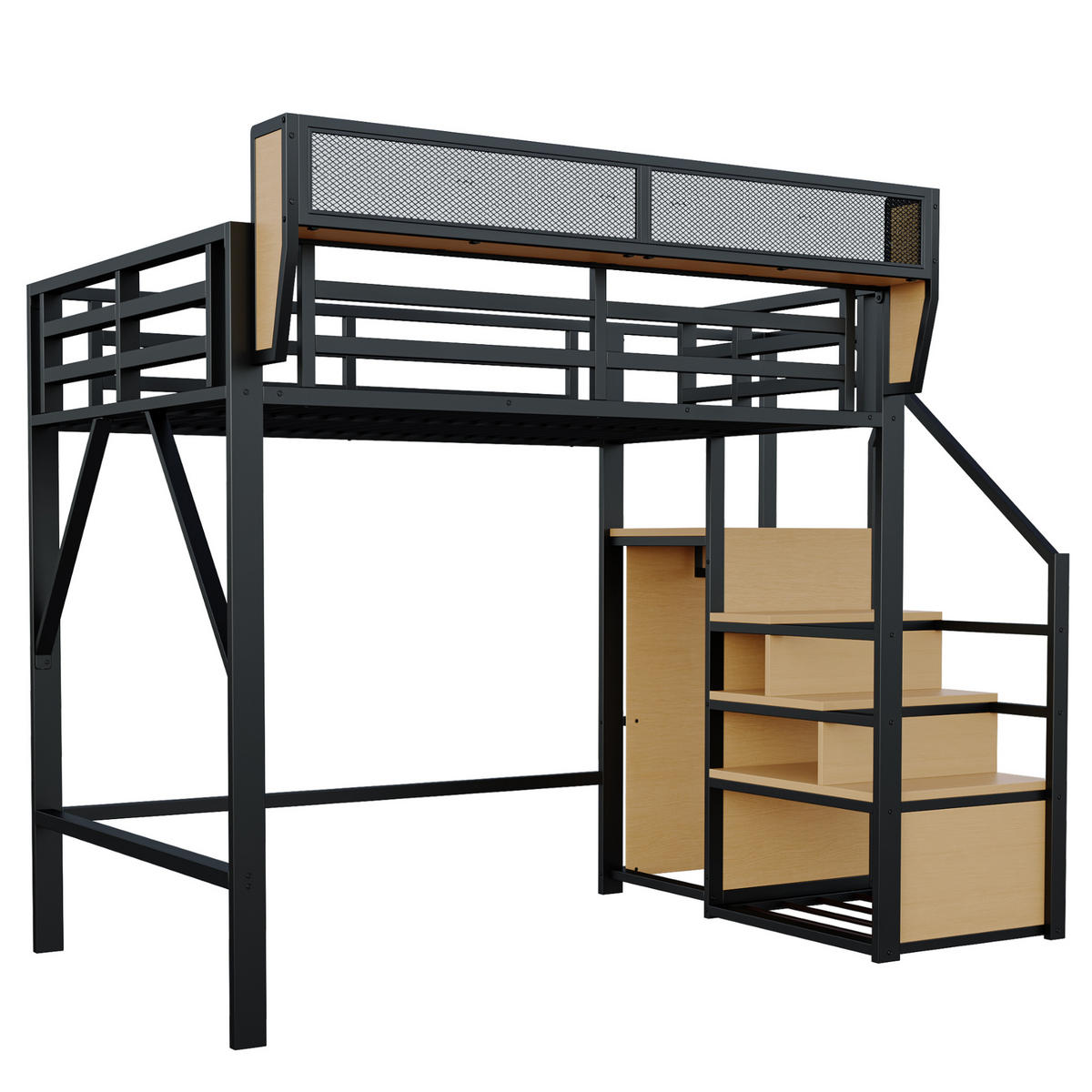 HOCHBETT 140/200 cm schwarz aus Metall und MDF mit Leiter und Ablagefach - Schwarz, Metall (140/200cm) - OKWISH