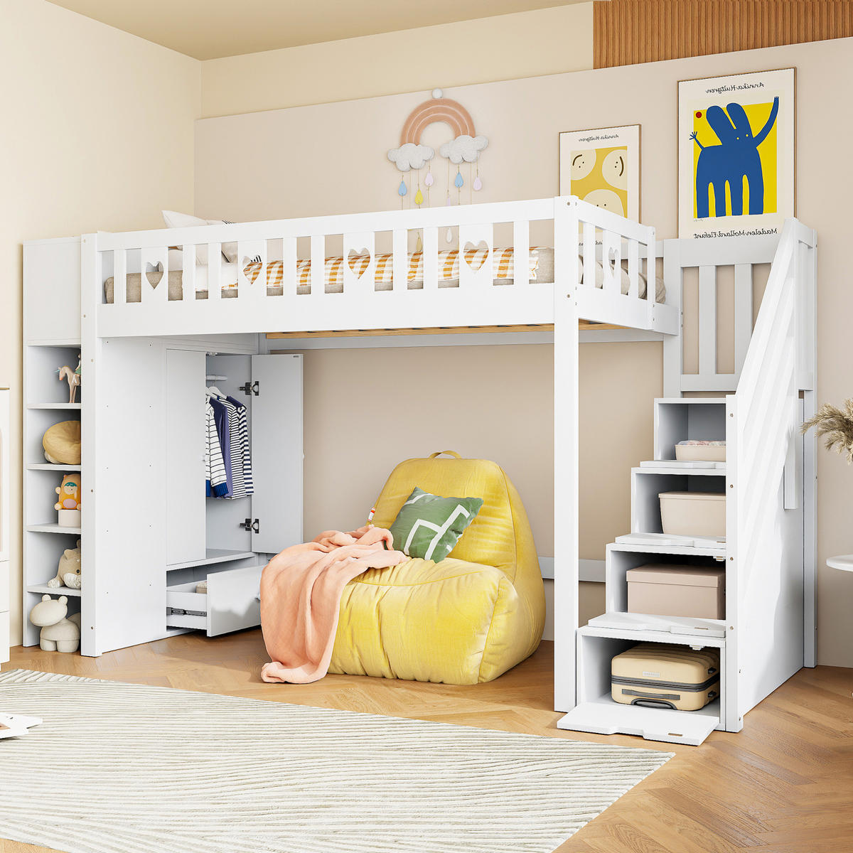 HOCHBETT 90/200 cm Weiß aus Kiefernholz und MDF mit Stauraumleiter - Weiß, Holzwerkstoff (90/200cm) - OKMYHOME