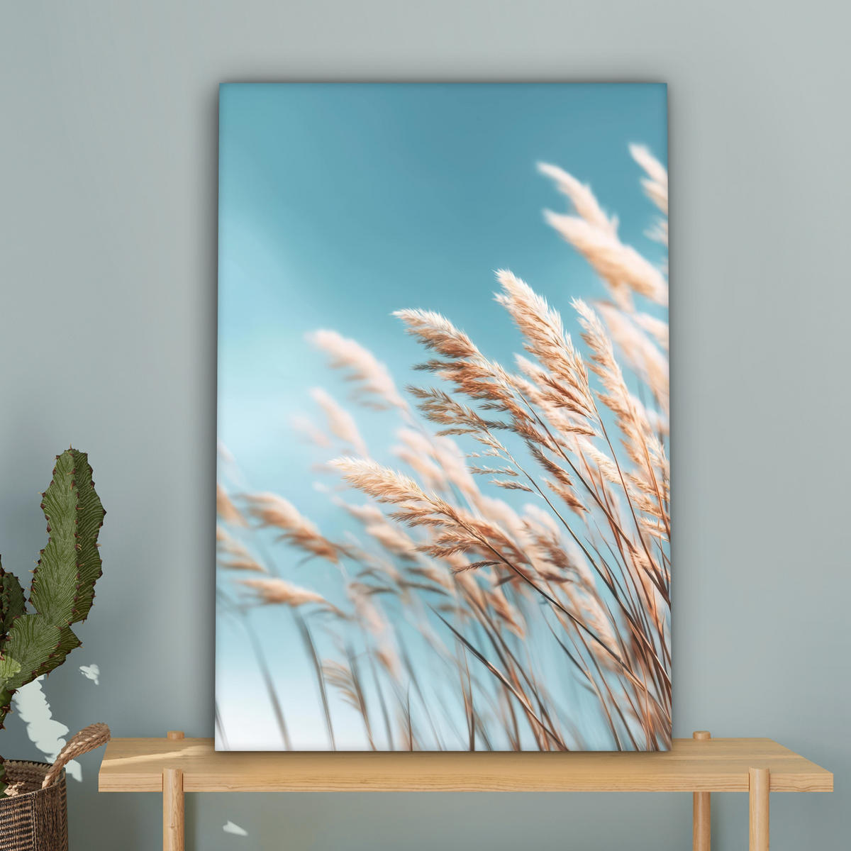 LEINWANDBILD Ziergras - Wind - Hellbraun Wanddeko Schlafzimmer 60x90 cm - Hellblau, Textil (60/90cm) - MuchoWow
