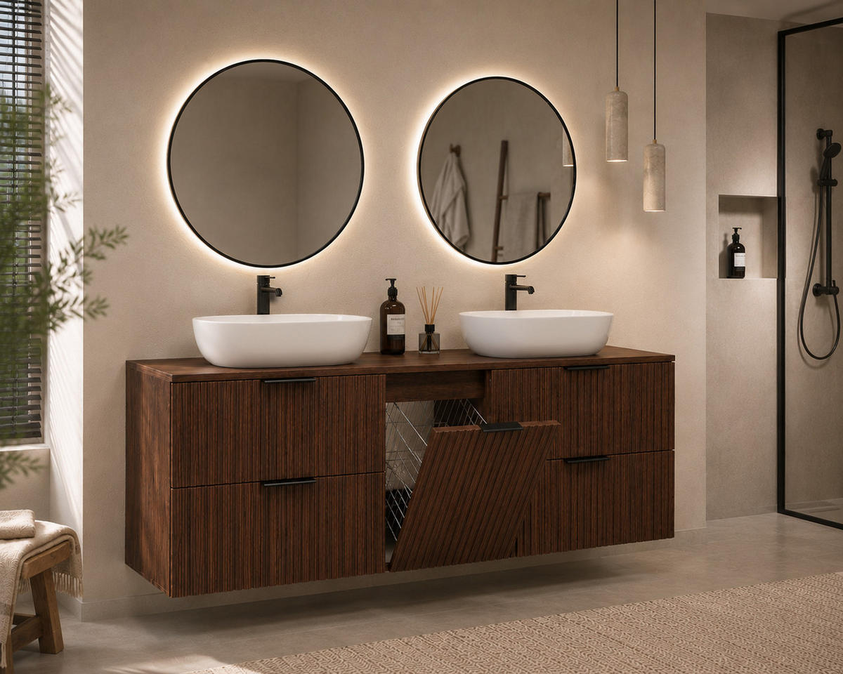 BADMÖBEL-SET MIT WÄSCHEKORB: Eiche Nussbaum, Griffe Schwarz, 160 x 46 x 57 cm - Eichefarben/Schwarz, Holzwerkstoff (160/57/46cm) - 3XE LIVING