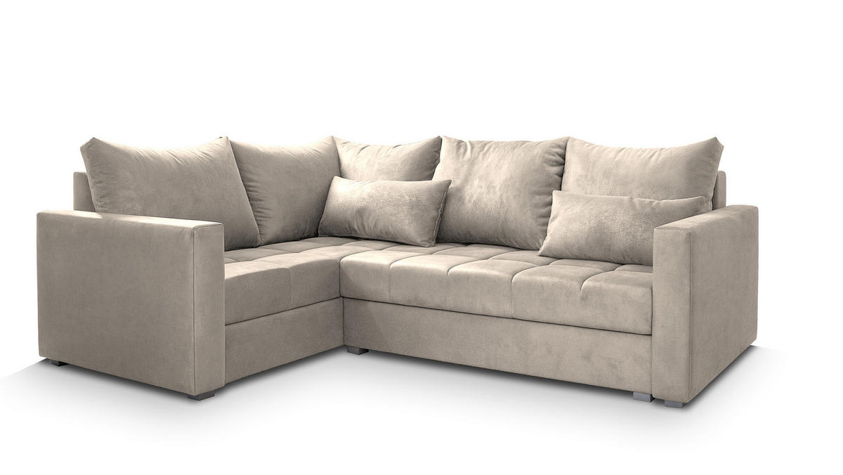 ECKSOFA LIRENO L-S Beige Plüsch-Stoff mit Schlaffunktion - Beige, Holz (220/153cm) - MASSENO