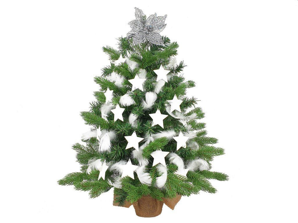 WEIHNACHTSBAUM künstlicher 60 cm mit LED-Beleuchtung, WINTERKÖNIG, mit 32 Weihnachtsbaumschmuck, Pflanztopf mit Jutesack - Silberfarben/Weiß, Kunststoff/Stein (40/60cm) - LAALU