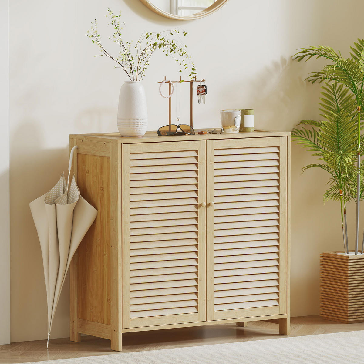 SCHUHSCHRANK,BAMBUS Lamellentüren für 14 Paar,natur - Beige, Holzwerkstoff (80/80/35cm) - Vallsero
