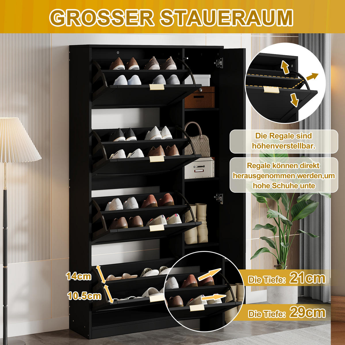 SCHUHSCHRANK aus Spanplatte 80x24x147cm in Schwarz mit Spiegeltüren - Schwarz, Holzwerkstoff (80/147/24cm) - Modfu