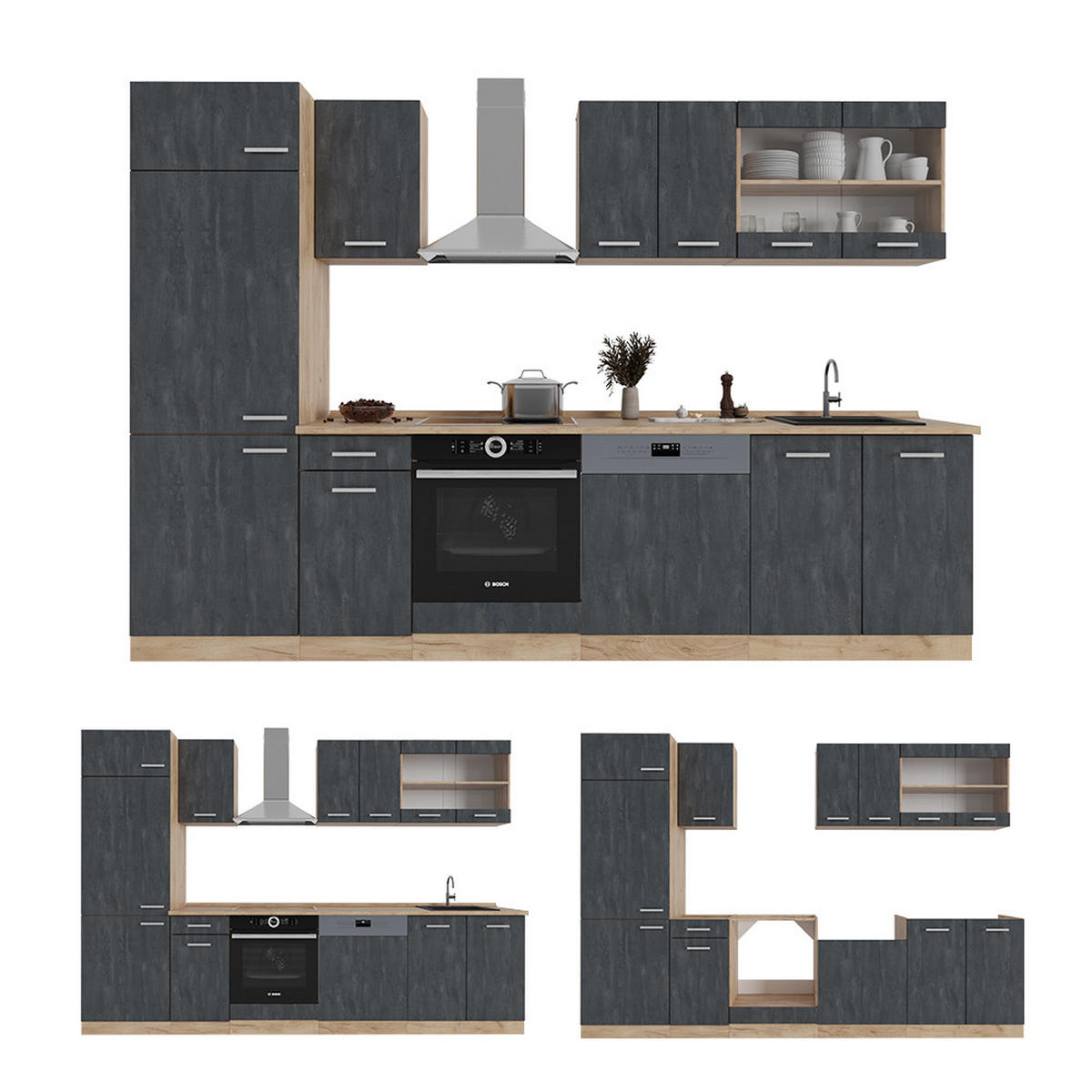 KÜCHENZEILE R-Line Schwarz Beton/Goldkraft Eiche 300 cm ohne AP - Eiche Wotan/Schwarz, Holzwerkstoff (300/81.6/46cm) - Vicco