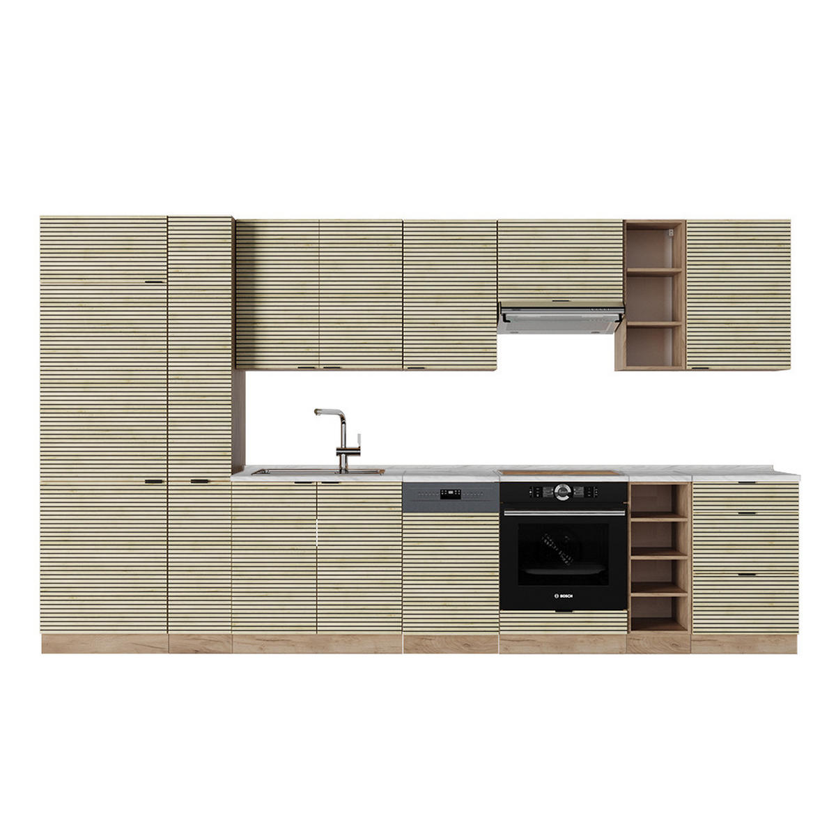 KÜCHENZEILE Fame-Line Eiche Paneel/Goldkraft Eiche 355 cm ohne Arbeitsplatte - Hellbraun/Eiche Wotan, Holzwerkstoff (355/81.6/46cm) - Vicco
