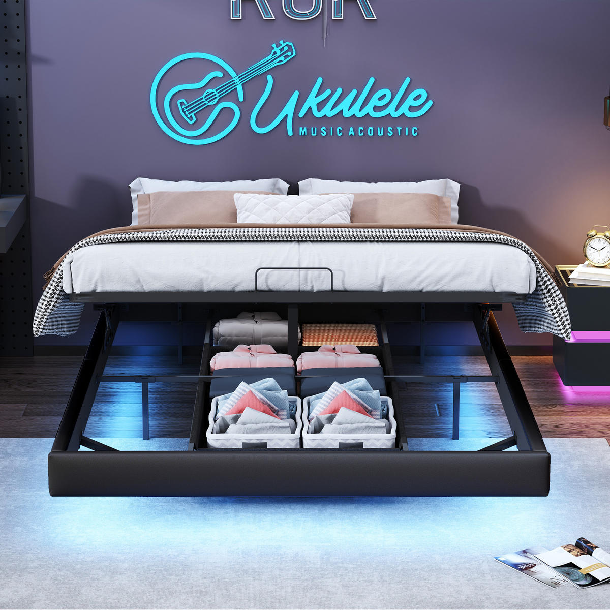 POLSTERBETT 160x200 cm LED schwebend Lattenrost schwarz - Schwarz, Holz (160/200cm) - LEBENLANG