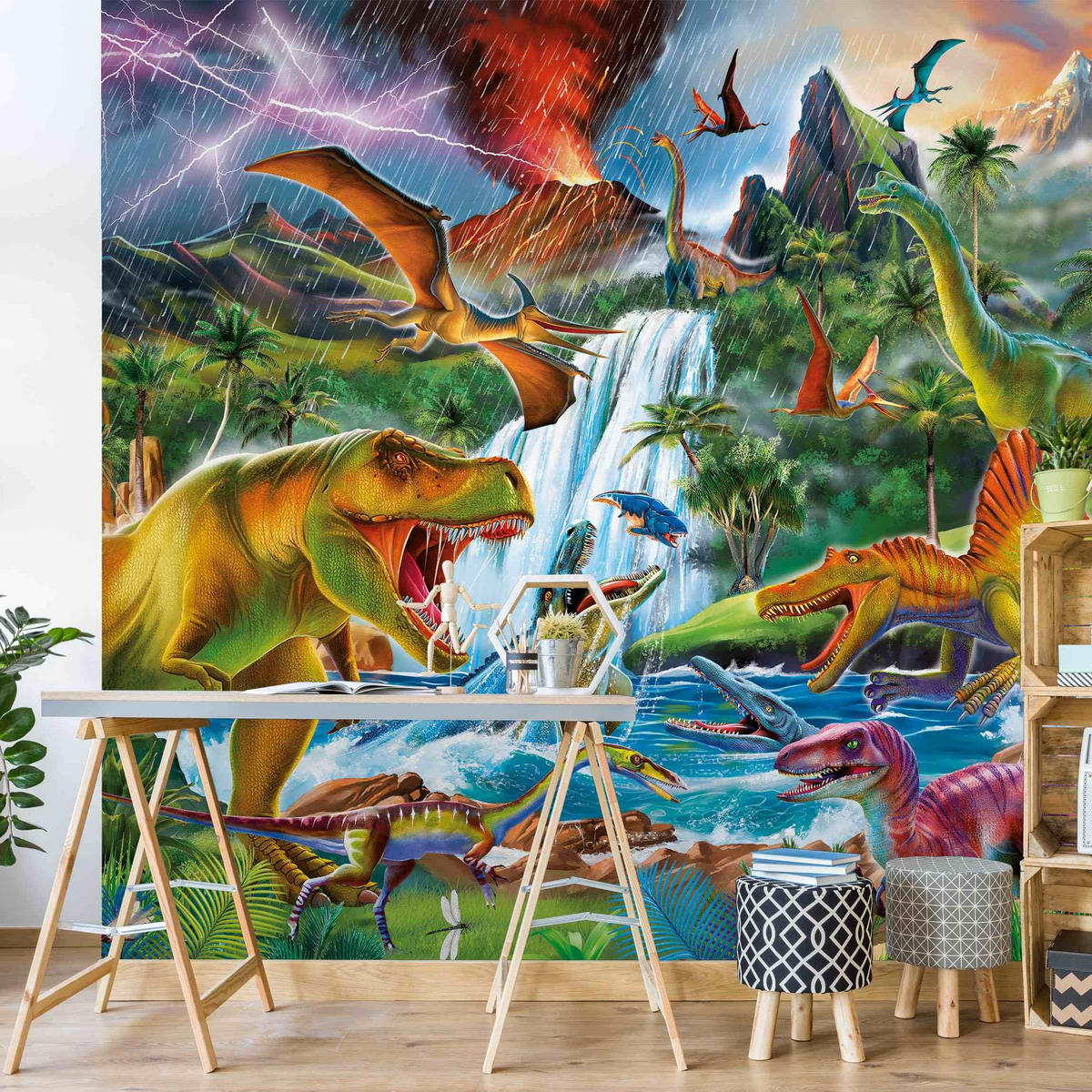 FOTOTAPETE Dinosaurier im Urzeitgewitter 240/240 cm - Multicolor, Papier (240/240cm) - Bilderwelten